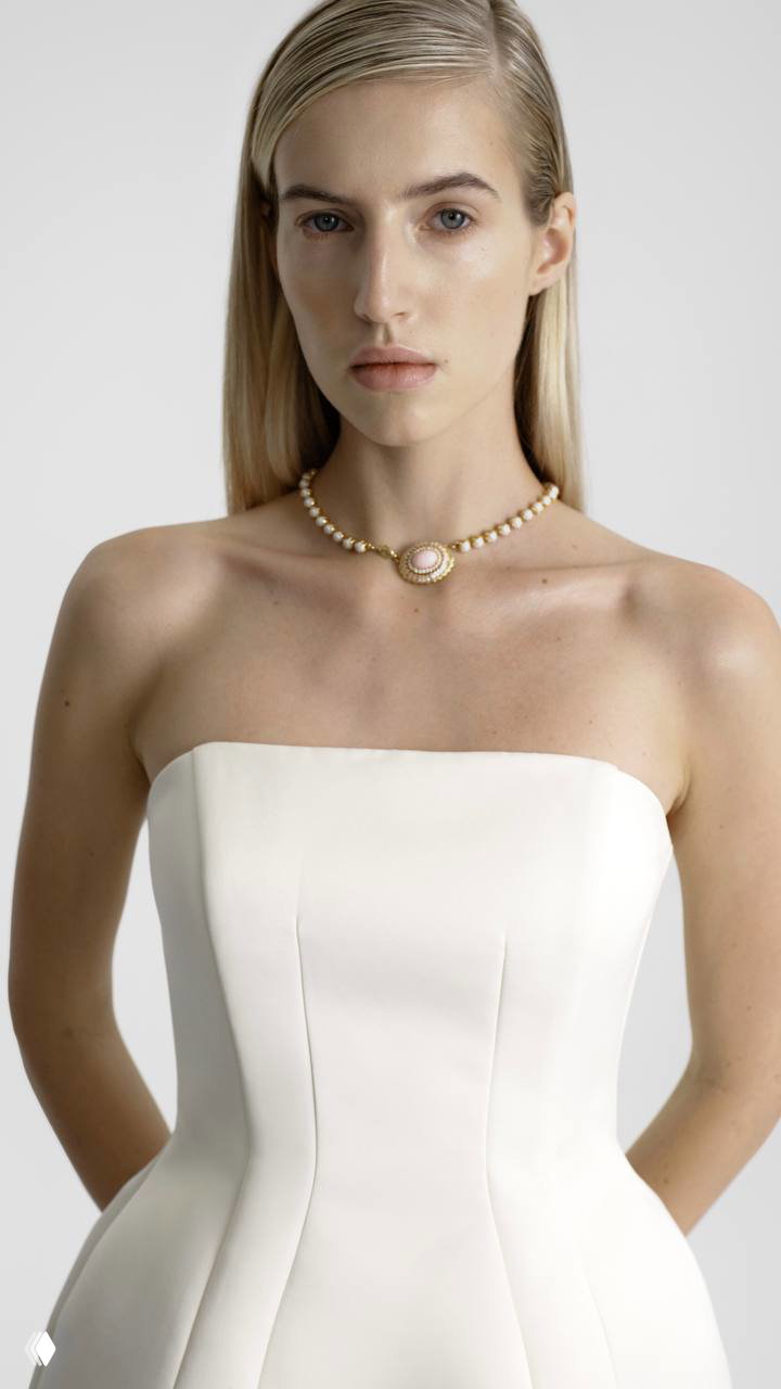 Крупный план модели в белом корсетном платье и жемчужном колье на светлом фоне: сочетание фарфоровой кожи, чистого кроя и изящной бижутерии.