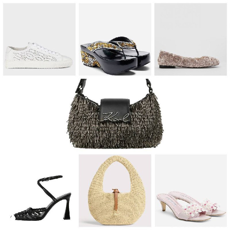 Коллаж обуви и сумок с пайетками и сложными узорами: кеды, сабо с блёстками, балетки и сумка с бахромой