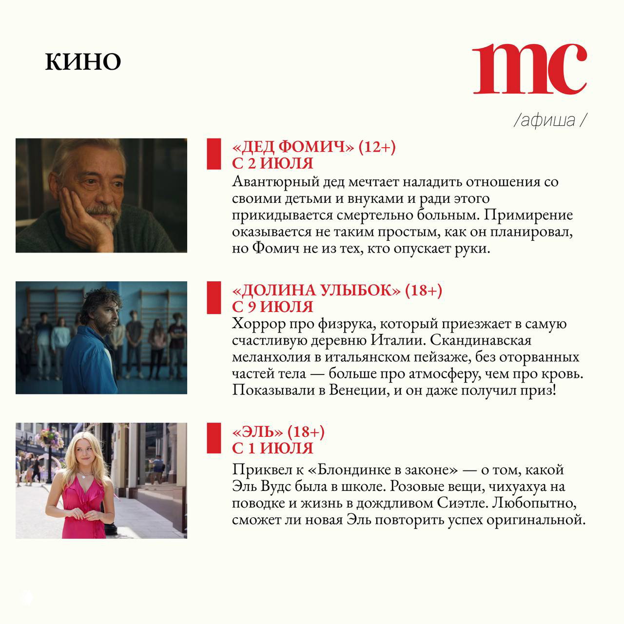 Кадр из кинопремьеры или постера с актёром в кадре — изображение для раздела «Кино» в афише и киноанонсов на неделю.