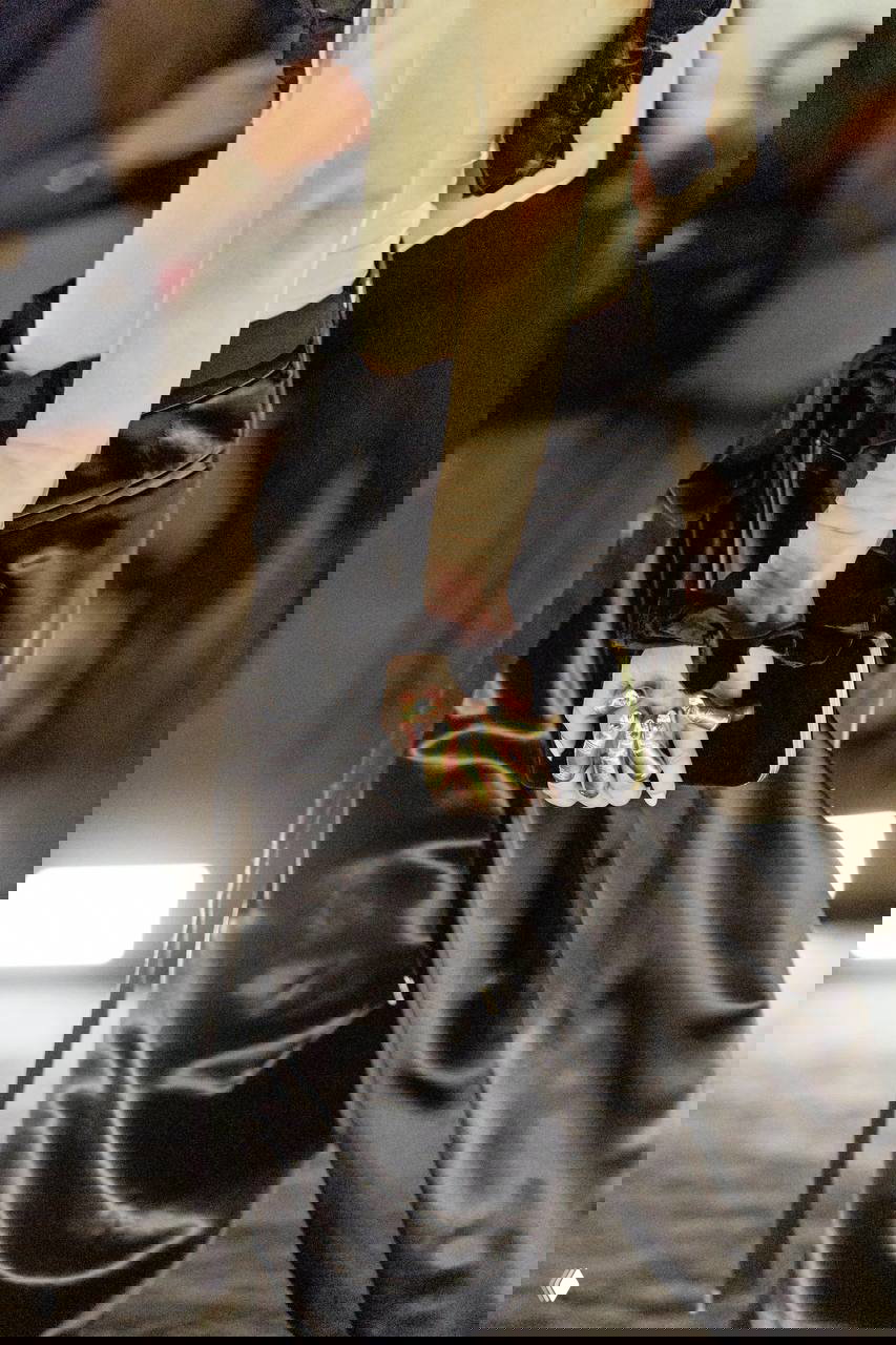 Рука модели с украшенными пальцами и компактной сумкой — акцент на аксессуарах и необычных решениях в небольших деталях образа.