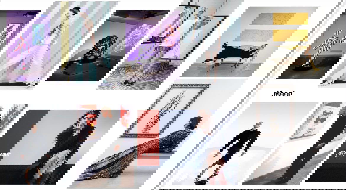 Фрагменты фотосессии: модели в художественном интерьере, элементы выставки и предметы дизайна, подчёркивающие тему игры и самопрезентации.