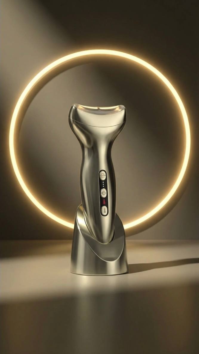 Микротоковый массажер MIRA WAU на подставке в студийной подсветке — устройство с эргономичной формой, кнопками управления и эффектной подсветкой.