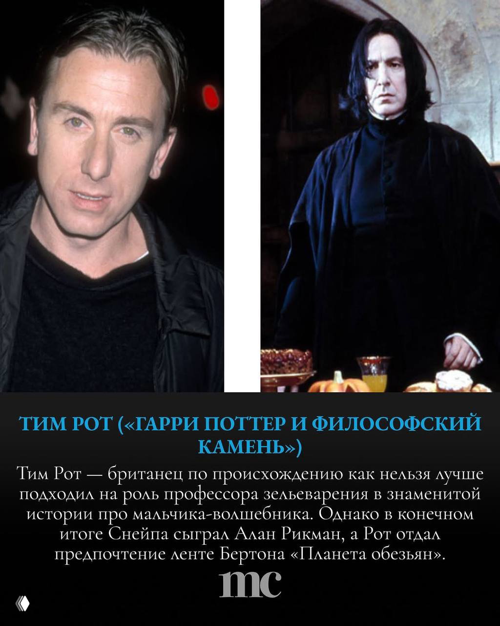 Портрет Тима Рота справа и архивное фото актёра слева — визуал о том, как выбор проекта менял судьбу ролей в фильмах, например «Гарри Поттер».
