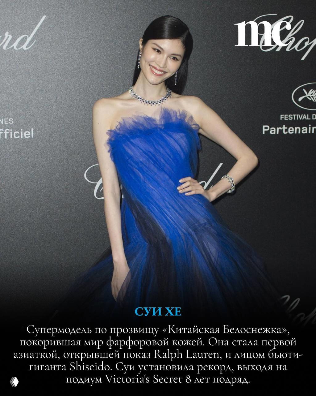 Полноформатный кадр улыбающейся модели в пышном синем платье на вечернем рауте, видна часть фотозоны и логотипов в бэкграунде