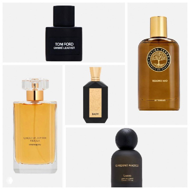 Коллаж с флаконами: Tom Ford, Ghost of Jupiter, Giardino Magico и Tesoro Mio на нейтральном фоне, демонстрация ассортимента.