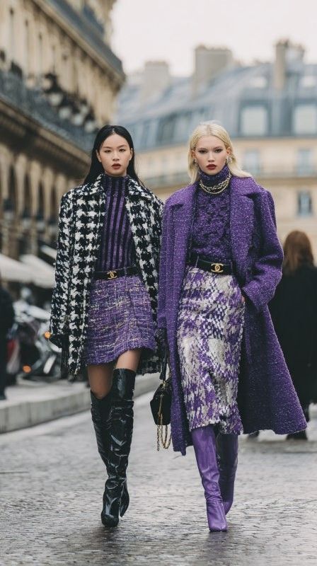 Две модели в скоординированных фиолетовых нарядах на городской улице: пальто, юбка и высокие сапоги создают цельный монохромный образ.