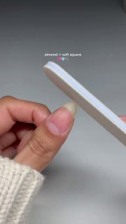 Формирование края ногтя пилкой: показан профиль и контуры мягкого квадрата, рабочий стол мастера на заднем плане.