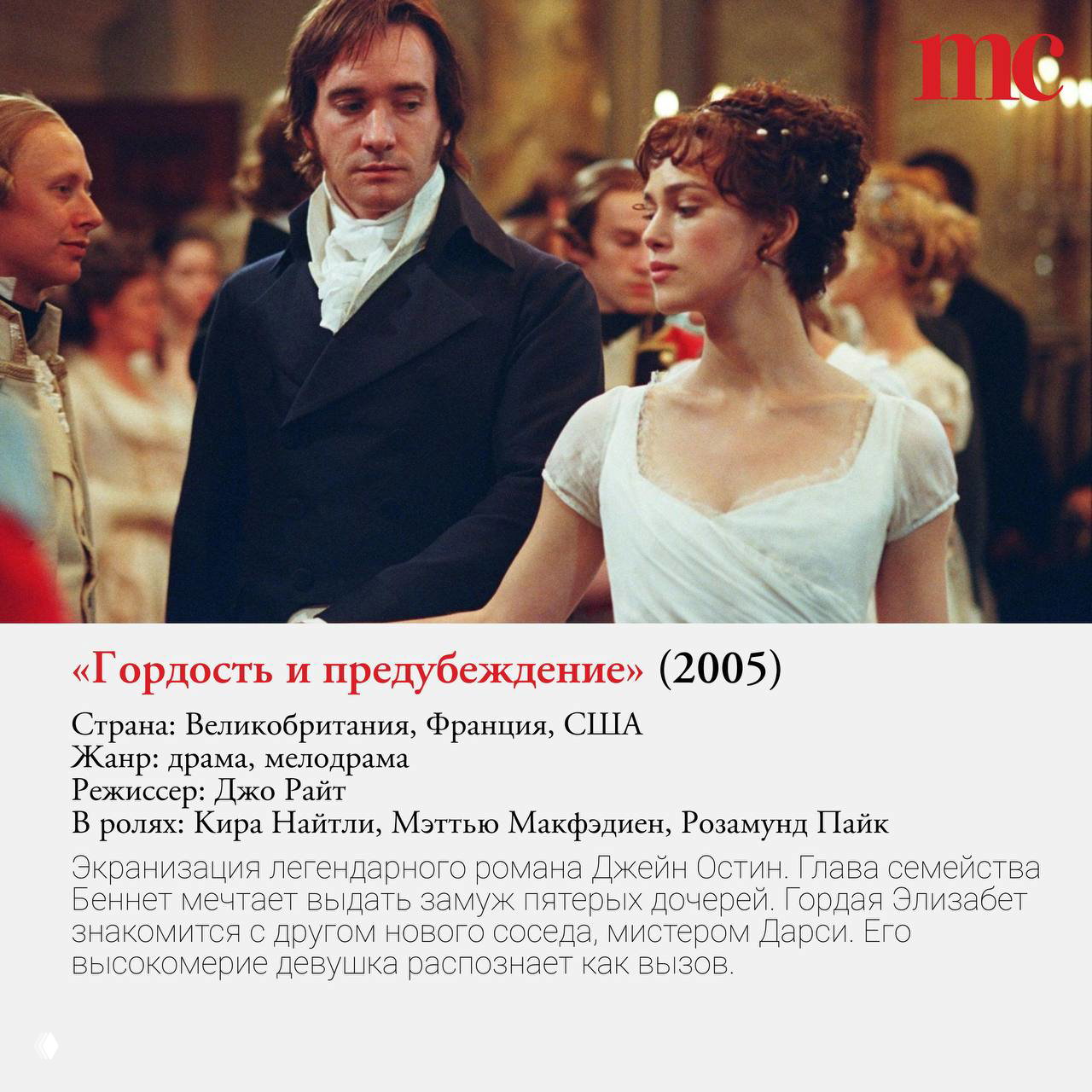 Кадр из экранизации «Гордость и предубеждение» (2005): танцующая сцена в бальном зале, Элизабет и мистер Дарси в исторических костюмах.