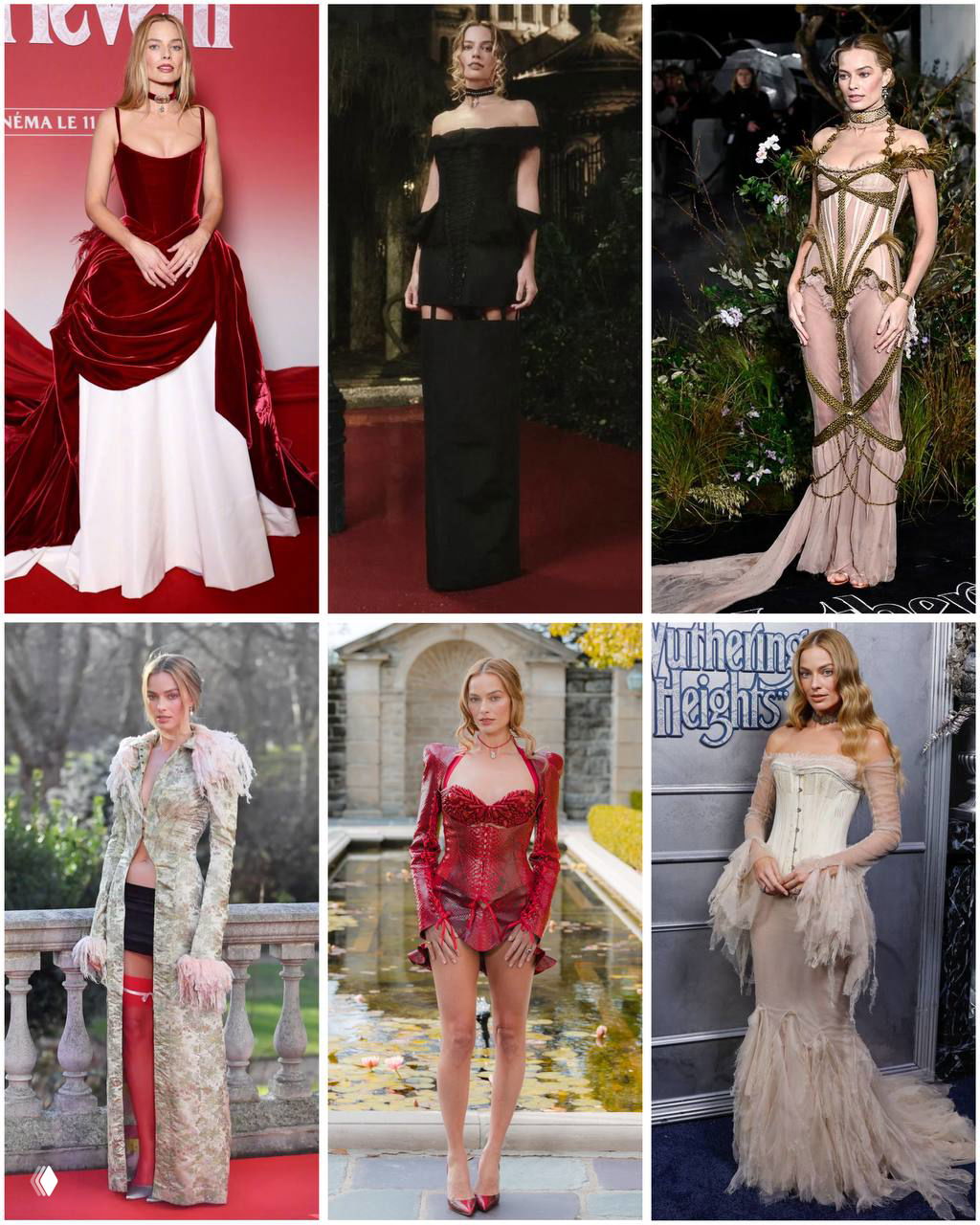 Коллаж из фото Марго Робби в более тёмных и готических нарядах, а также в исторических и романтичных образах, отсылающих к «Грозовому перевалу».