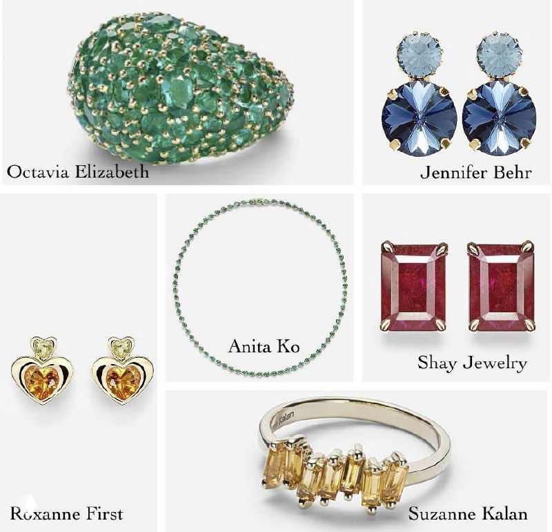 Коллаж ювелирных изделий: кольцо с изумрудами Octavia Elizabeth, серьги Jennifer Behr, колье Anita Ko и другие цветные украшения сезона.