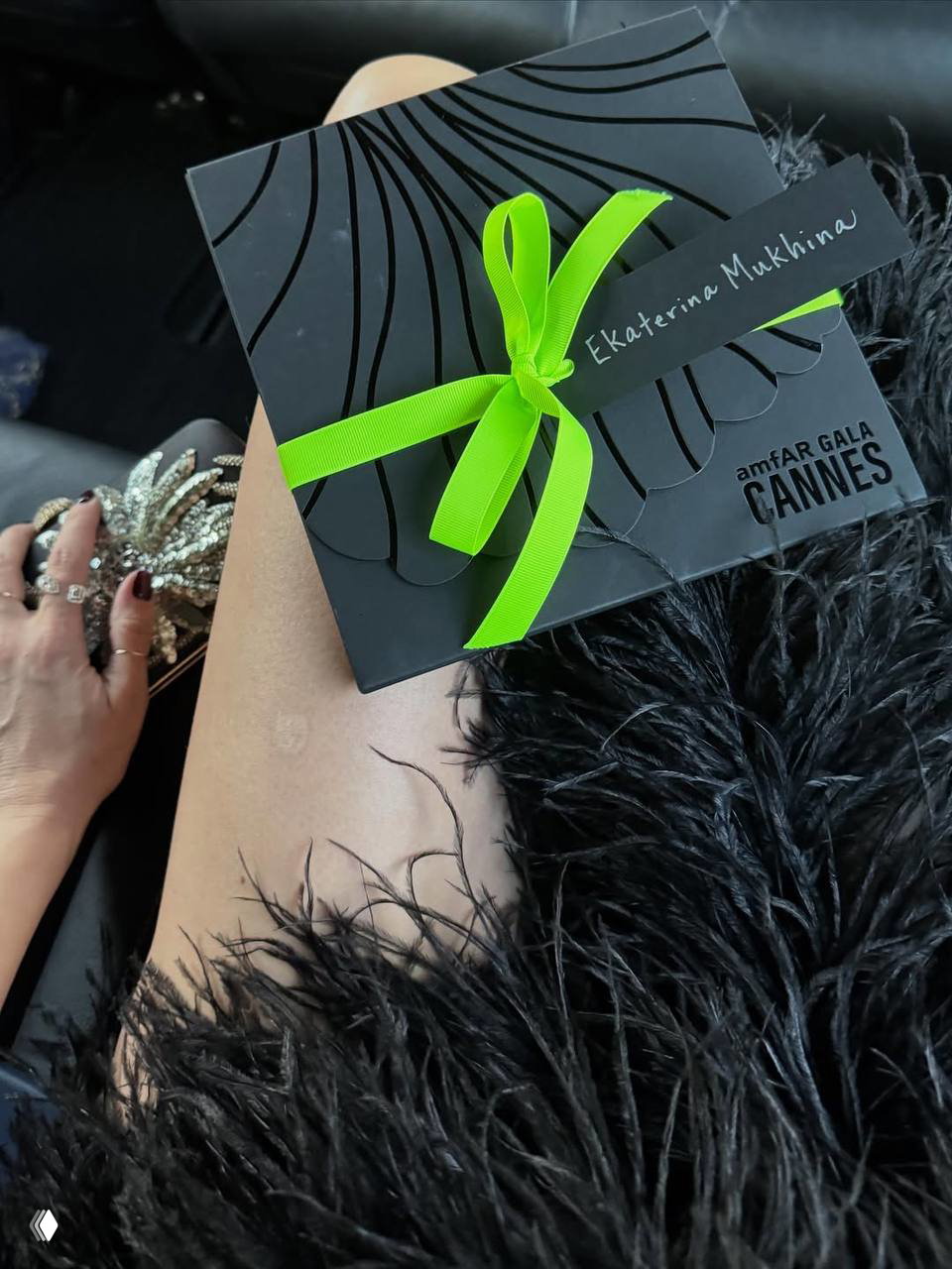 Пригласительный конверт amfAR с ярко‑зеленой лентой и табличкой «Ekaterina Mukhina» на фоне чёрного перьевого платья в салоне автомобиля.