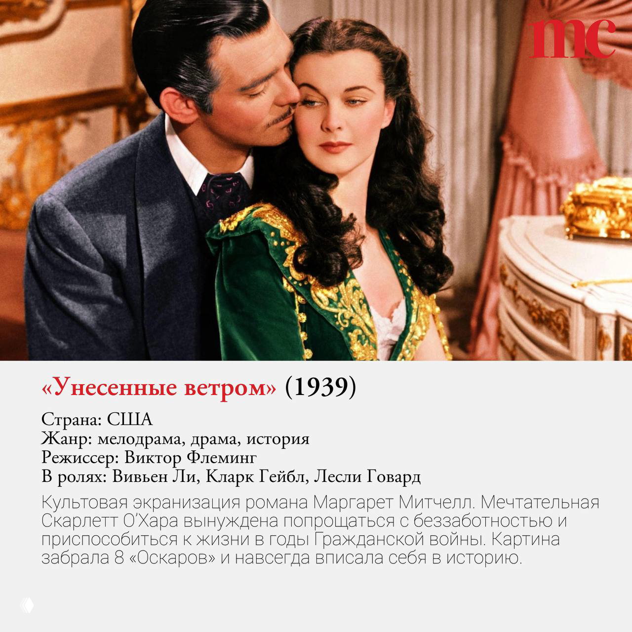 Романтический кадр из «Унесённых ветром» (1939): сцена с Вивьен Ли и Кларком Гейблом в историческом интерьере, классика Голливуда.