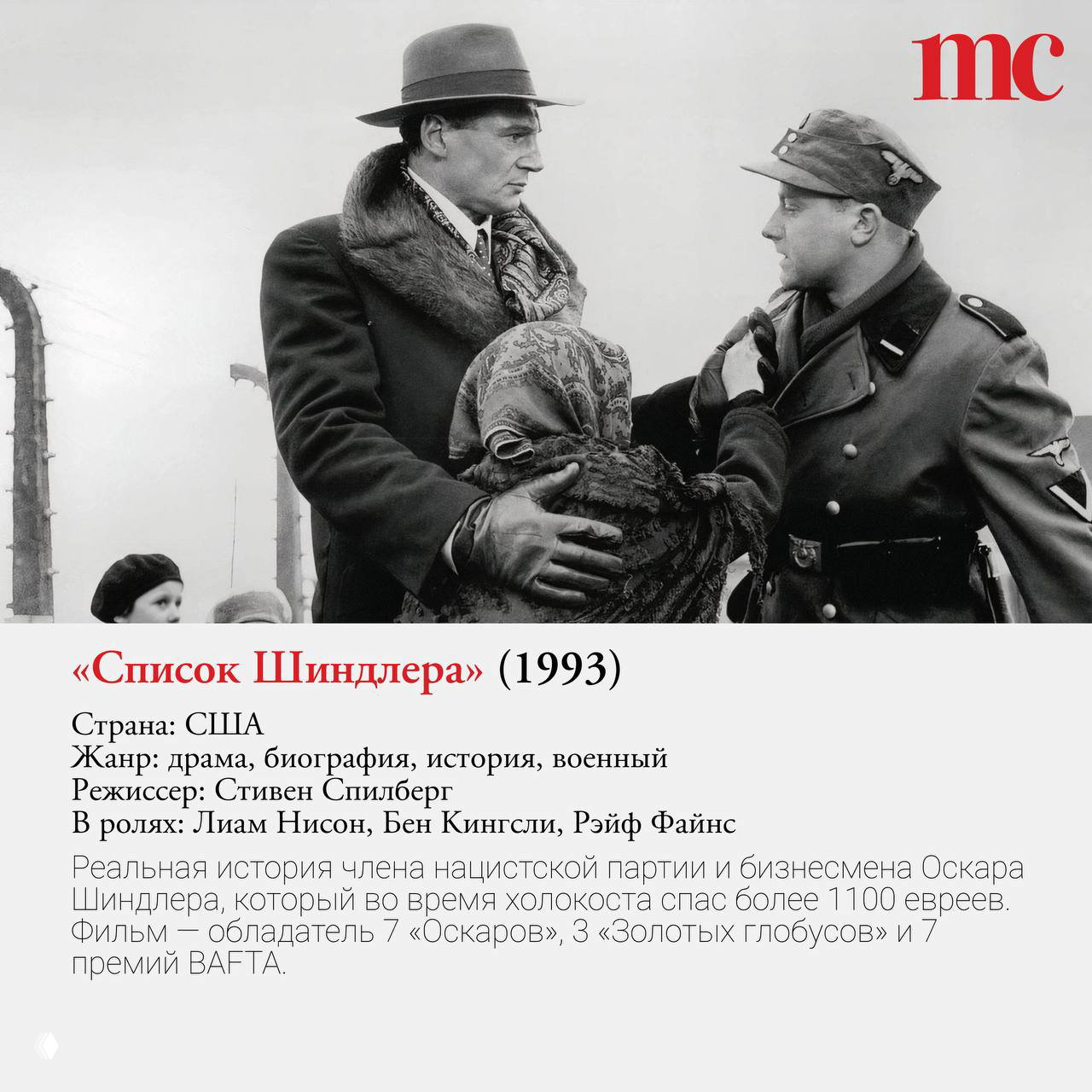 Чёрно‑белый кадр из «Списка Шиндлера» (1993): сцены оккупированной Европы времён Второй мировой войны, историческая драма.