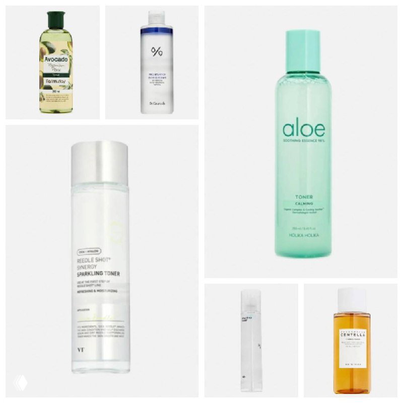 Коллаж флаконов тонеров и эссенций разных брендов на светлом фоне; видны упаковки VT, Holika Holika, Farm Stay и другие, акцент на ассортименте средств.