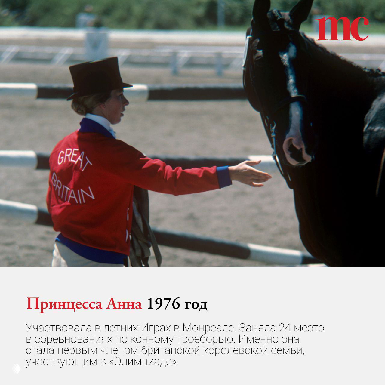 Принцесса Анна в форме команды Великобритании рядом с лошадью во время соревнований по конному троеборью, архивное фото 1976 года.