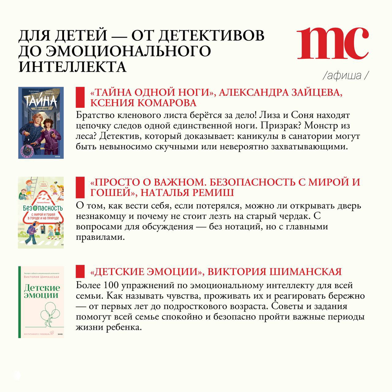 Раздел для детей: обложки и описания книг от детективов до упражнений по эмоциональному интеллекту для юных читателей.
