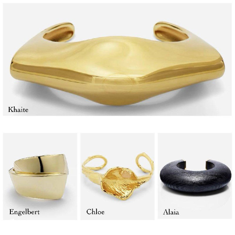 Коллаж с эскизами и формами браслетов: плавные объёмные формы, металлические и органические текстуры, концептуальные работы брендов.