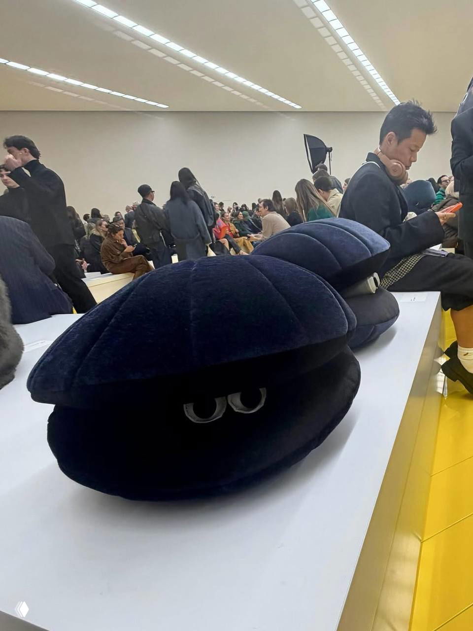 Тёмная мягкая двустворчатая подушка с глазками на белой платформе; в фоне зрители показа Loewe на жёлтом полу (фото Vogue)