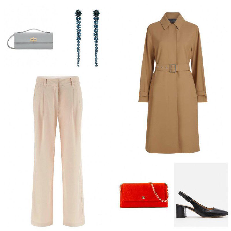 Фрагмент каталога с одеждой и аксессуарами на белом фоне; изображение частично искажено пикселизацией, видны плащ, сумка и обувь.