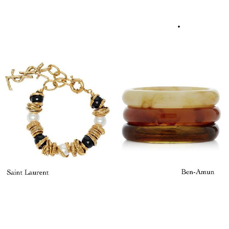 Ряд ювелирных образцов и цепочек в нейтральной гамме — вариации Ben‑Amun и Saint Laurent с разной текстурой и цветовыми акцентами для сочетаний.