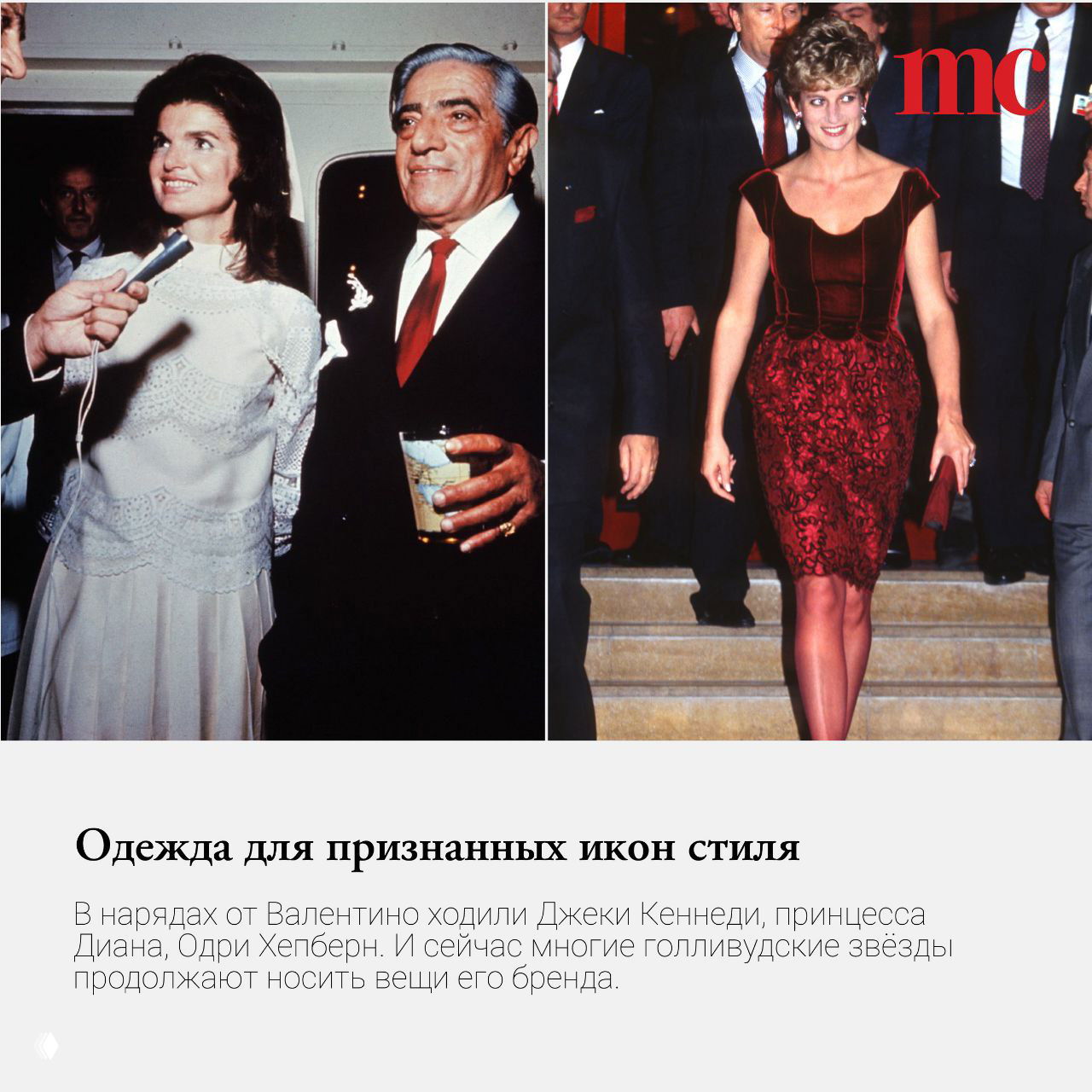 Коллаж с Джекки Кеннеди и принцессой Дианой в нарядах Валентино: знаменитости в культовых платьях бренда на светских мероприятиях.