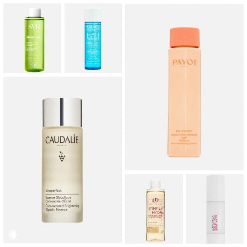 Крупные флаконы эссенций и тонеров (видна упаковка Caudalie и другие) на светлом фоне; изображение подчёркивает текстуру и форму флаконов косметики.