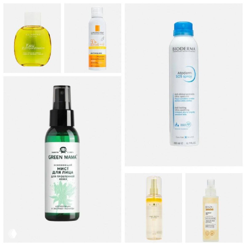 Коллаж мистов и спреев для лица и тела: заметны флаконы Bioderma, Green Mama, Clarins и другие на светлом фоне, подчёркнуты этикетки и формы упаковки.