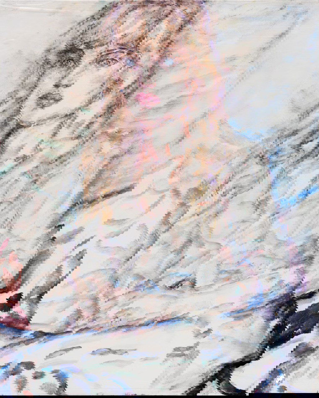 Художественная живописная интерпретация портрета: акварельные и пастельные мазки создают абстрактную версию образа в мягкой палитре.