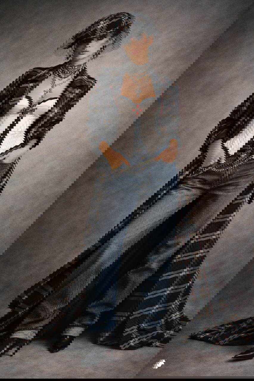 Модель в образе Galliano для Zara: длинное клетчатое пальто, белый корсет, джинсы и многослойные украшения на студийном фоне.