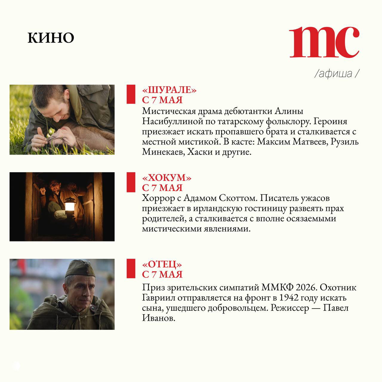 Раздел «Кино» в афише: кадры из фильмов с заголовками премьер и указанием дат начала проката в начале мая.