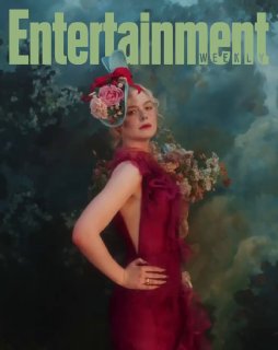 Миниатюрное превью обложки Entertainment Weekly с Эль Фаннинг в платье и цветочной композицией на фоне пастельного пейзажа.