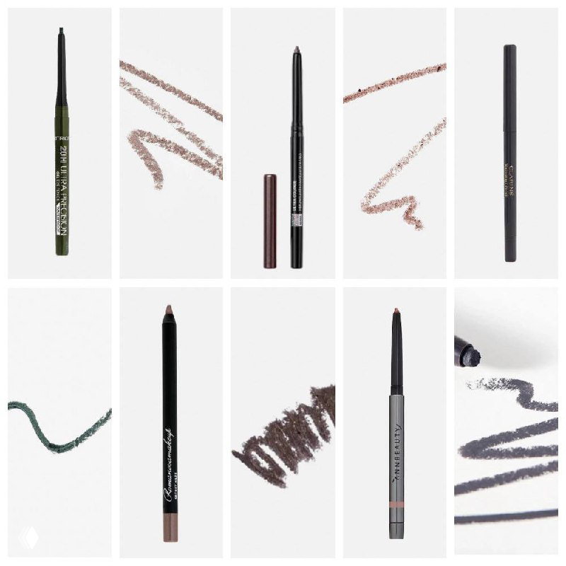 Коллаж предметных снимков: водостойкие карандаши для глаз и образцы штрихов и текстур на белом фоне, демонстрация оттенков и форматов.