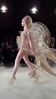 Боковой ракурс модели в полупрозрачном платье Iris Van Herpen: шаг по подиуму, зрители в зале и клубы дыма — кадр с показа высокой моды.