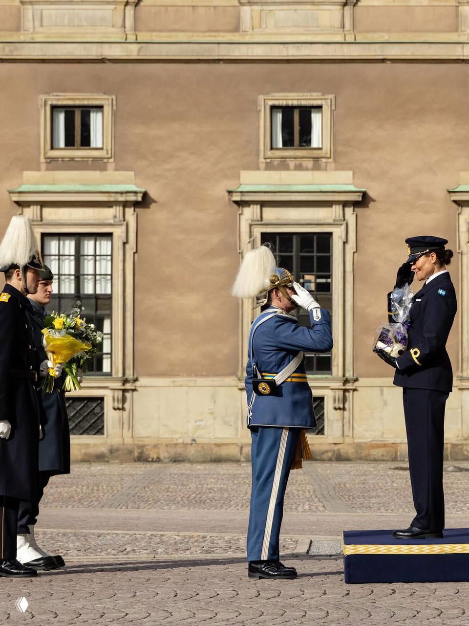 Церемониальная сцена у королевского дворца: Виктория принимает почётный салют от военнослужащего на фоне фасада резиденции и официальной церемонии.