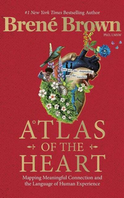 Обложка Брене Браун «Atlas of the Heart»: насыщенно-красная обложка с декоративным изображением сердца и английским заголовком бестселлера, яркий дизайн.