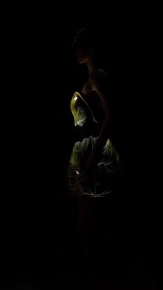 Модель в прозрачном лёгком платье с блестящими элементами, запечатлённая в движении на подиуме Iris Van Herpen; подиум окружён дымом.
