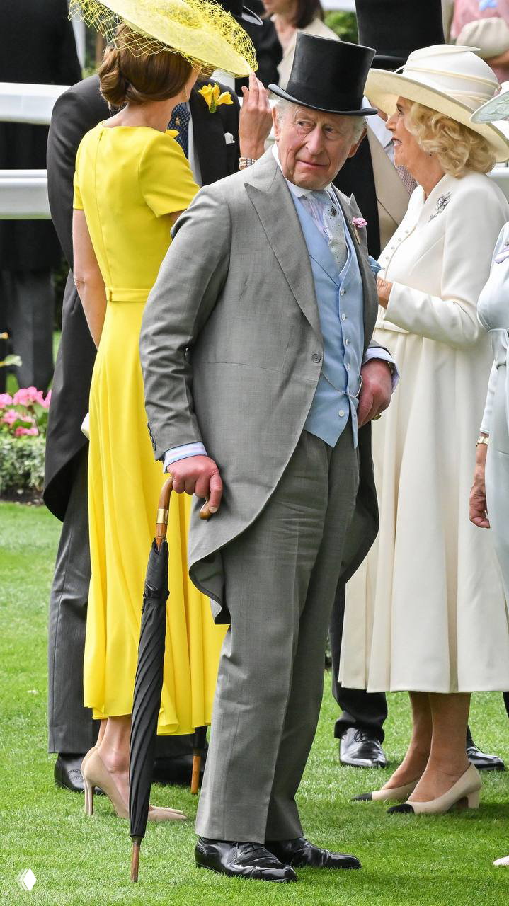 Вид сзади на жёлтое миди‑платье и шляпу на лужайке Royal Ascot; рядом мужчина в утреннем костюме и гости в светлых нарядах, акцент на силуэте платья