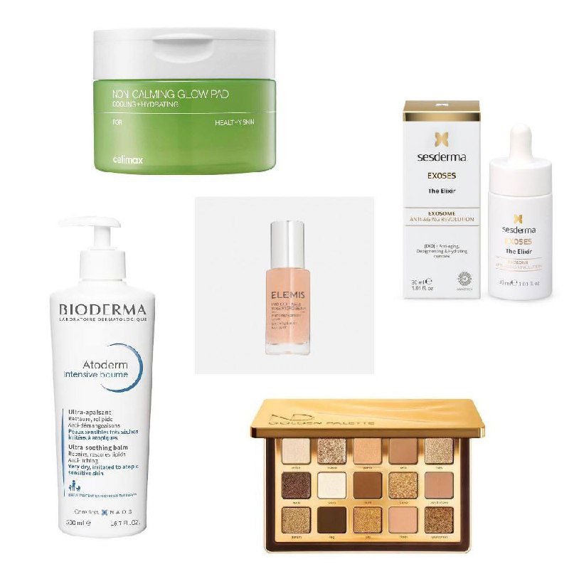 Фотография ассортимента победивших средств: тюбики, флаконы и помады разных брендов, представленные в студийной съёмке для презентации наград.