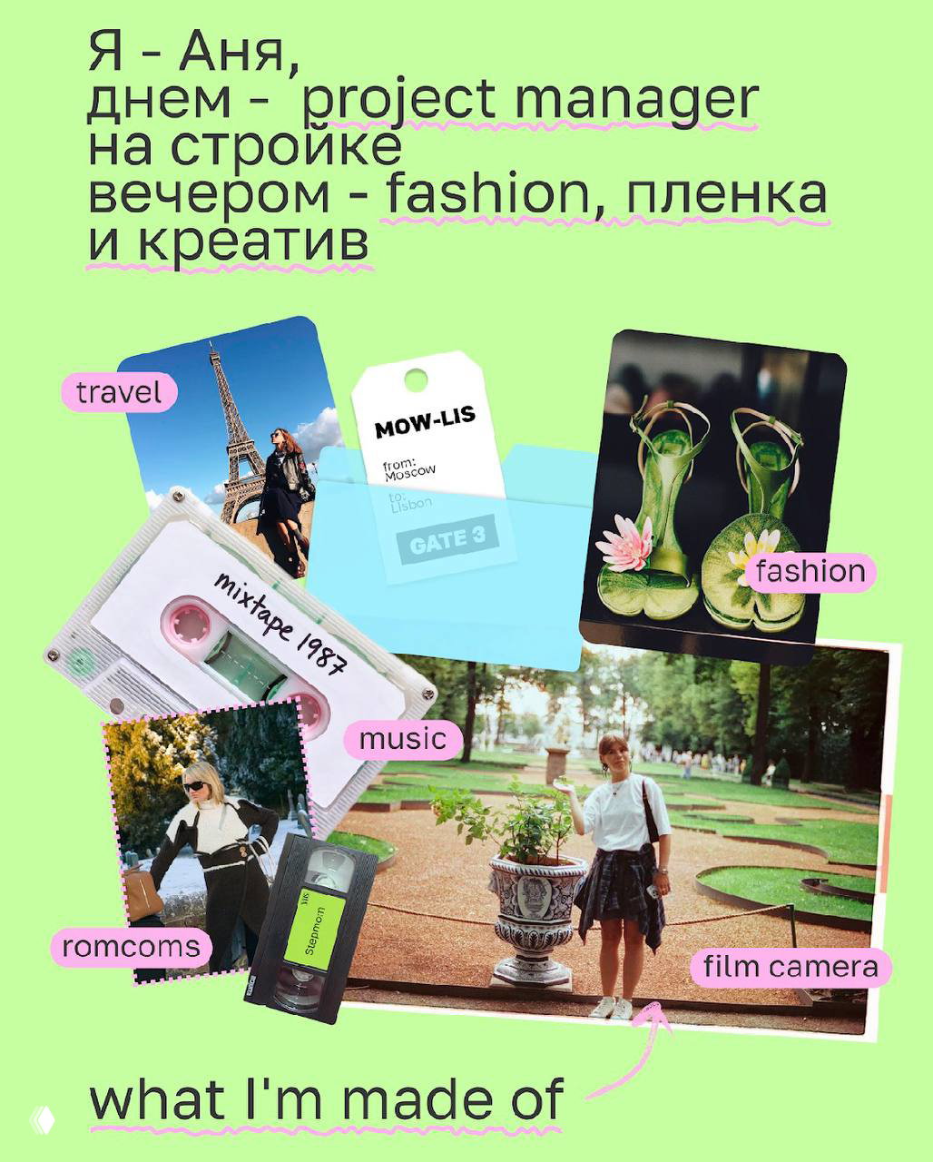 Коллаж в светло-зелёных тонах с элементами travel, fashion и mixtape: наклейки, фотокарточки и визуальные референсы героини