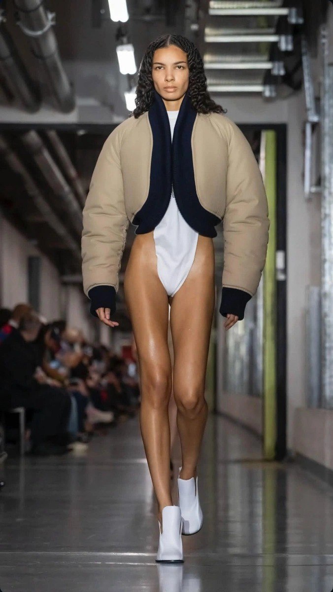 Модель в укороченной пуховой куртке и боди на подиуме — провокационный кадр с показа коллекции Дюрана Лантинка для Jean Paul Gaultier.