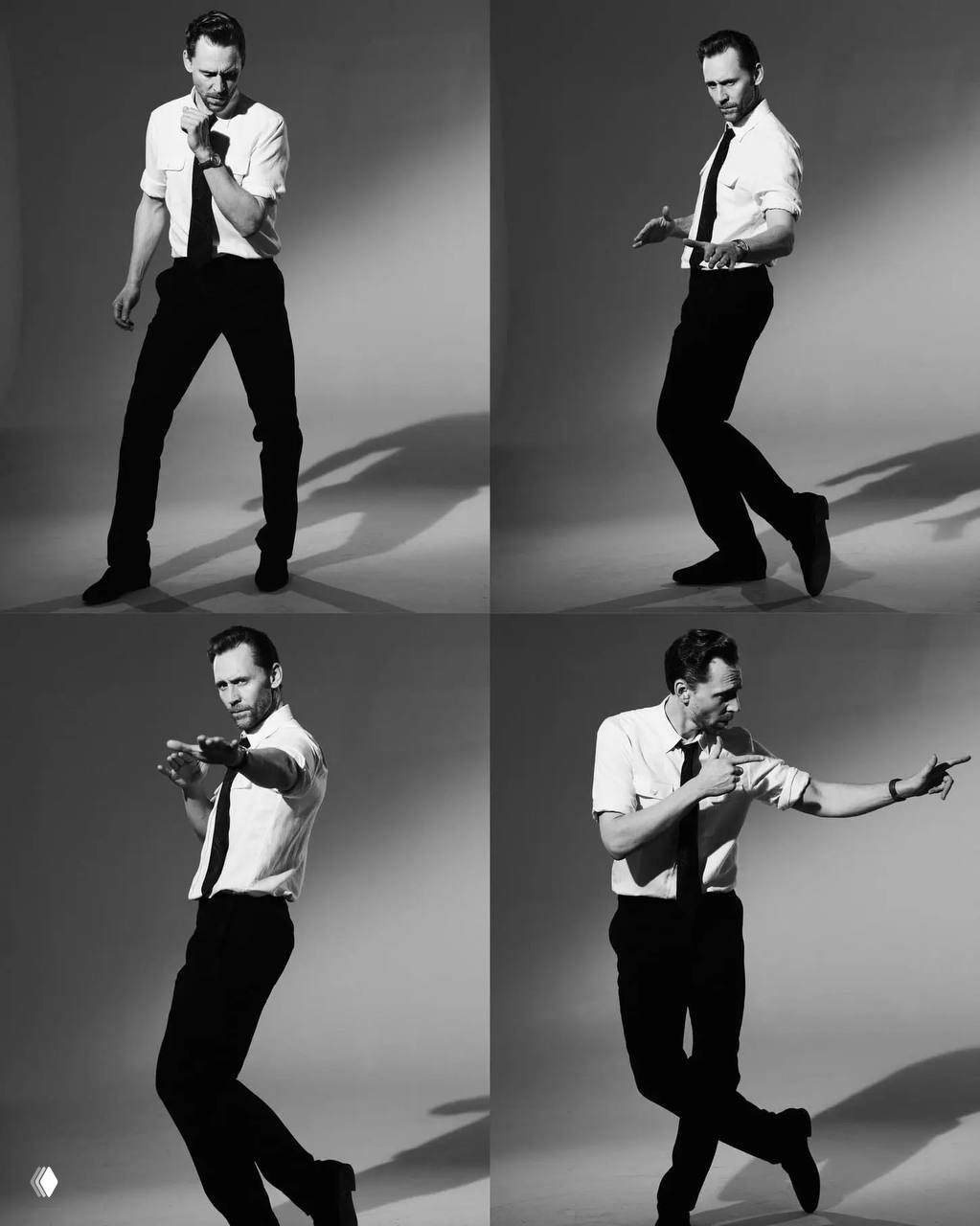 Коллаж из четырёх чёрно‑белых кадров: мужчина в рубашке и галстуке в разных динамичных позах, выразительные тени и режиссированный студийный ритм.