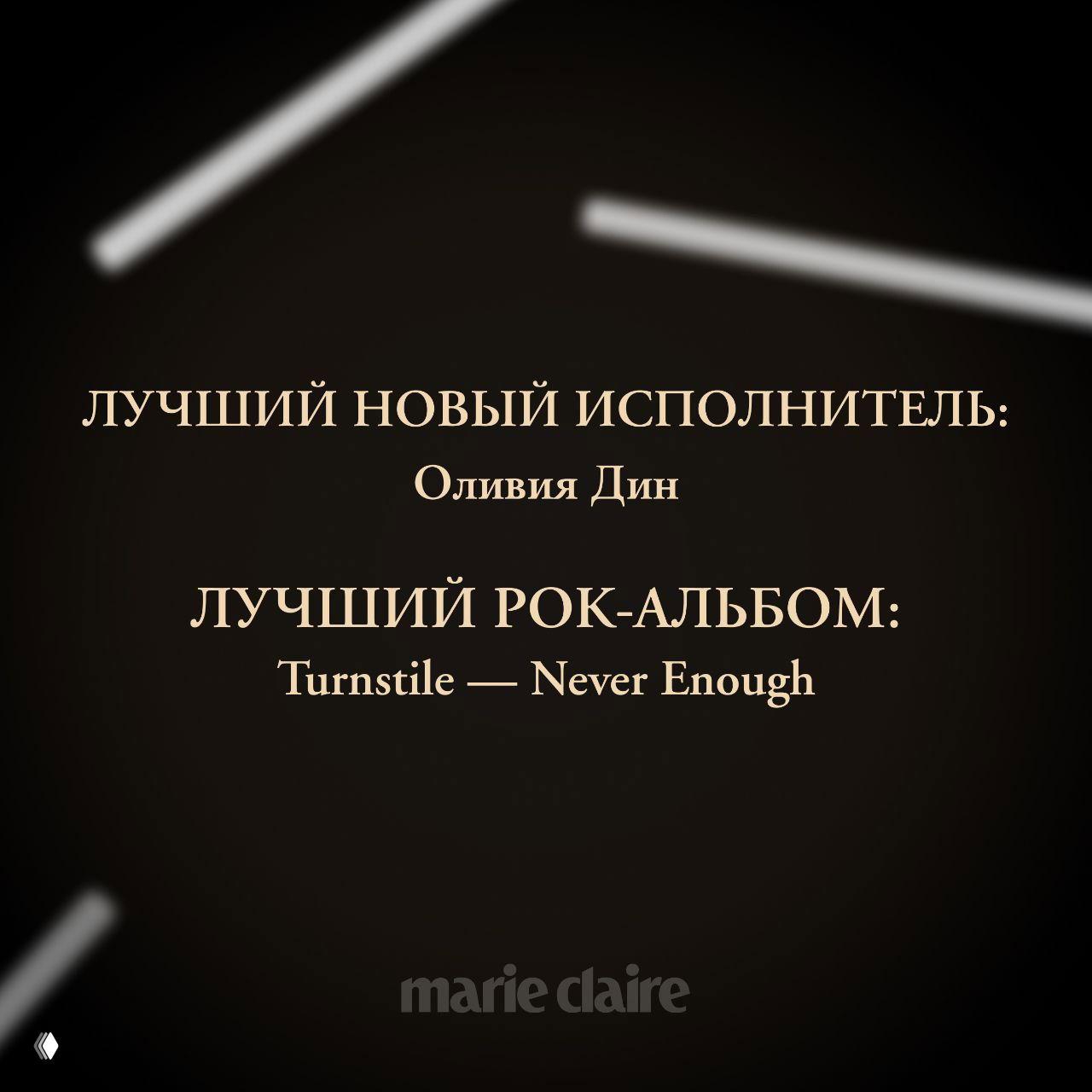Карточка с надписями «Лучший новый исполнитель: Оливия Дин» и «Лучший рок‑альбом: Turnstile — Never Enough» на тёмном фоне — из официального объявления премии.