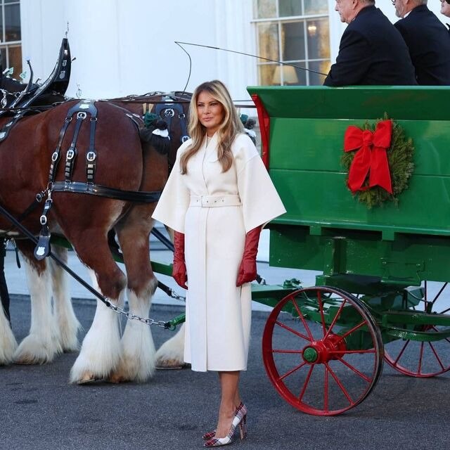Женщина в элегантном белом платье и красных перчатках стоит рядом с каретой, украшенной рождественским венком и праздничными акцентами.