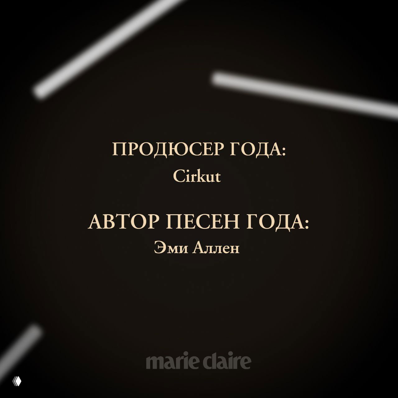 Тёмная карточка с золотым текстом: «Продюсер года: Cirkut» и «Автор песен года: Эми Аллен», логотип marie claire внизу — из официального объявления премии.