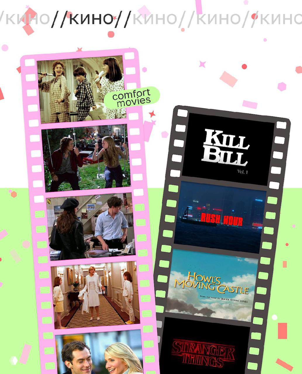 Киноколлаж с кадрами и постерами: подборка comfort movies и любимых лент, оформленная в формате киноплёнки и вырезок
