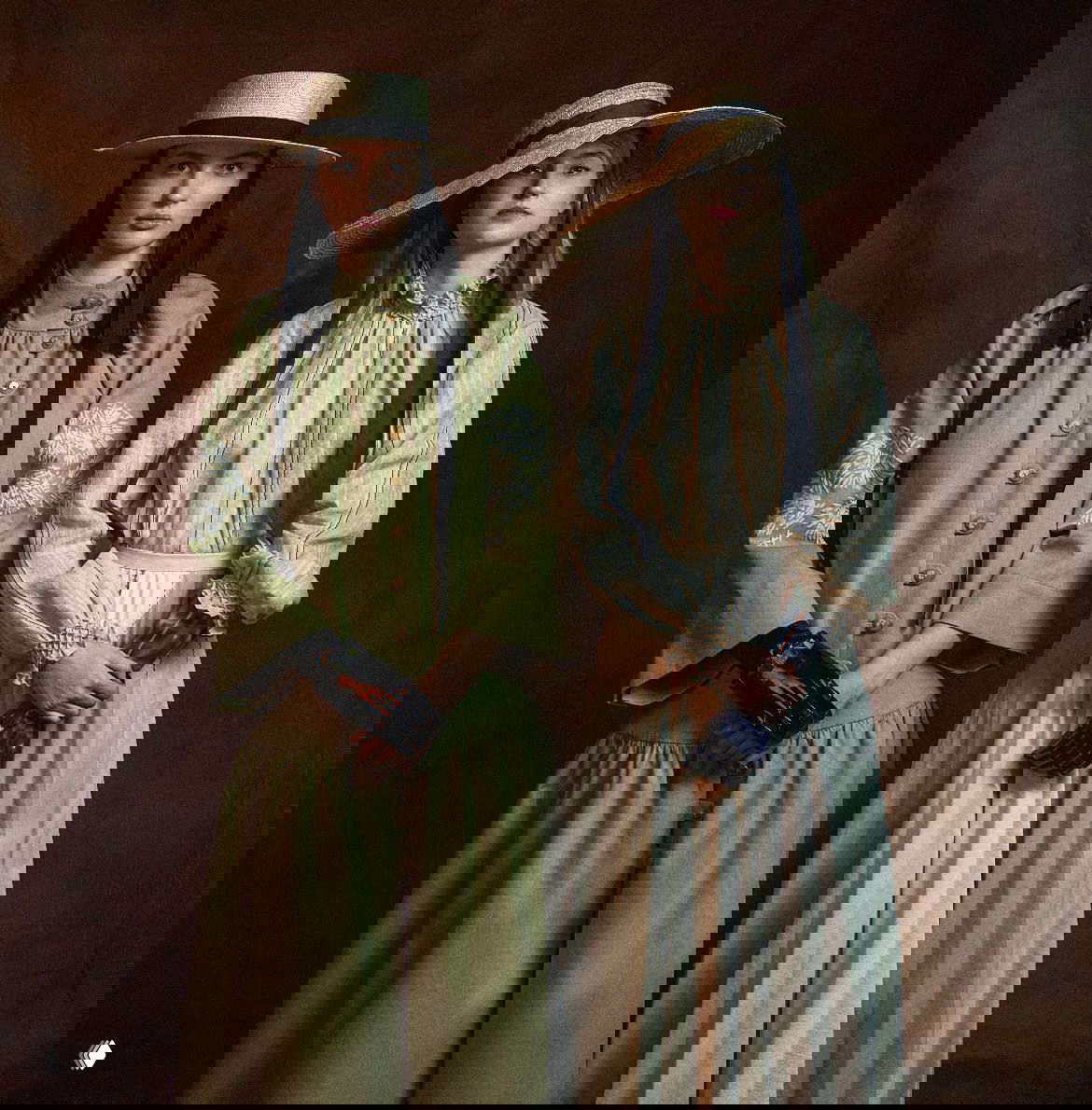 Две модели в ретро‑стиле с шляпами и видимыми протезами рук — студийный кадр в классической художественной стилистике.