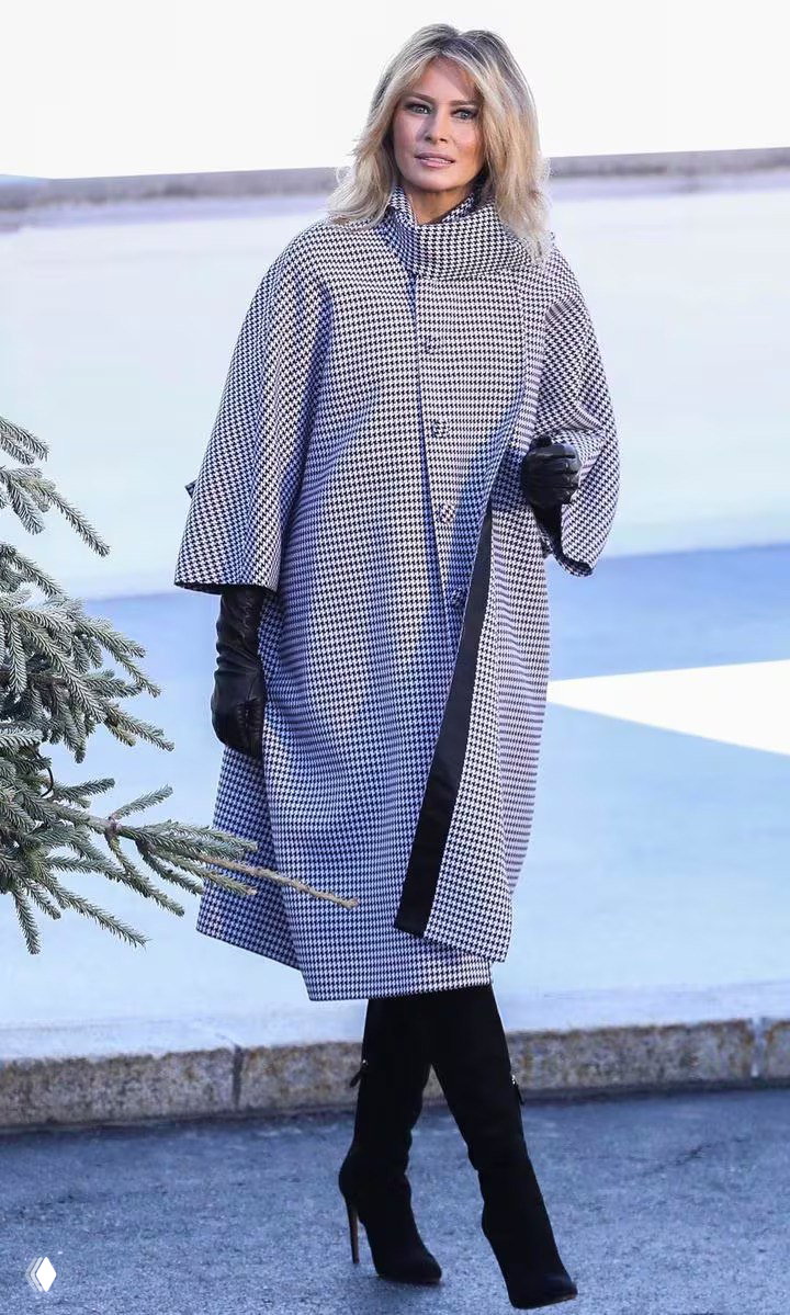 Женщина в длинном пальто в мелкую клетку позирует на зимнем фоне: высокие сапоги, перчатки и спокойная праздничная сцена.