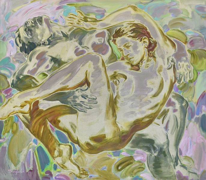 Экспрессивная масляная картина с двумя переплетающимися фигурами, пастозная фактура и светлые контуры — пример живописного языка выставки.