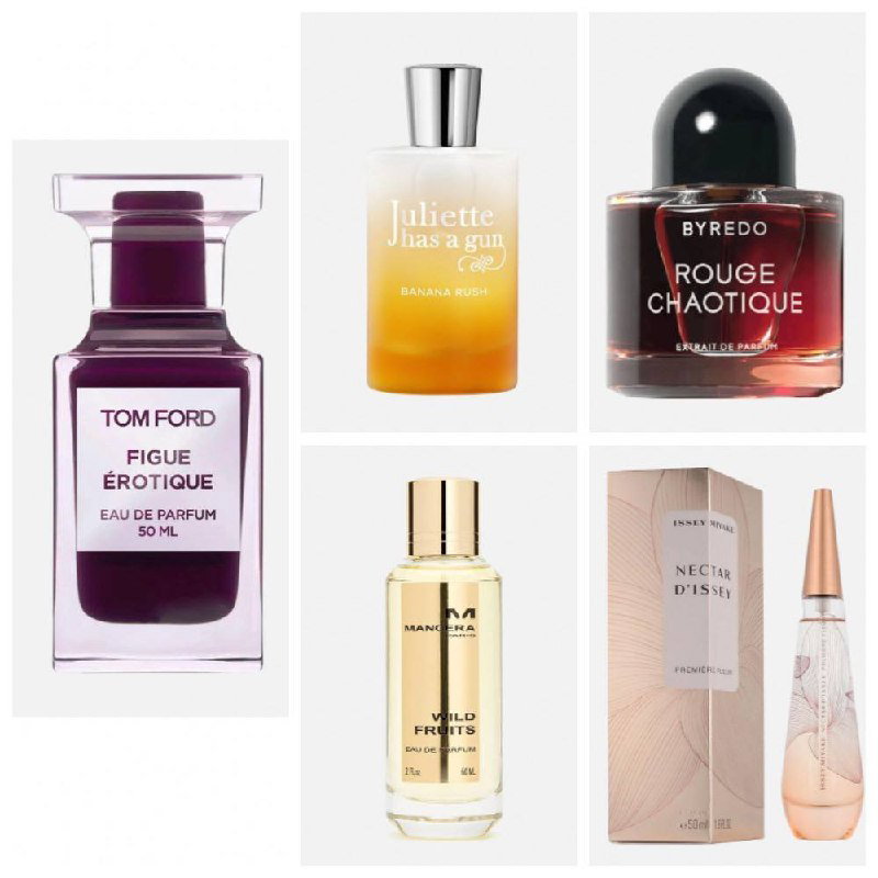 Коллаж флаконов парфюмов (Tom Ford, Juliette Has A Gun, Byredo, Mancera, Issey Miyake) — иллюстрация фруктовой подборки.