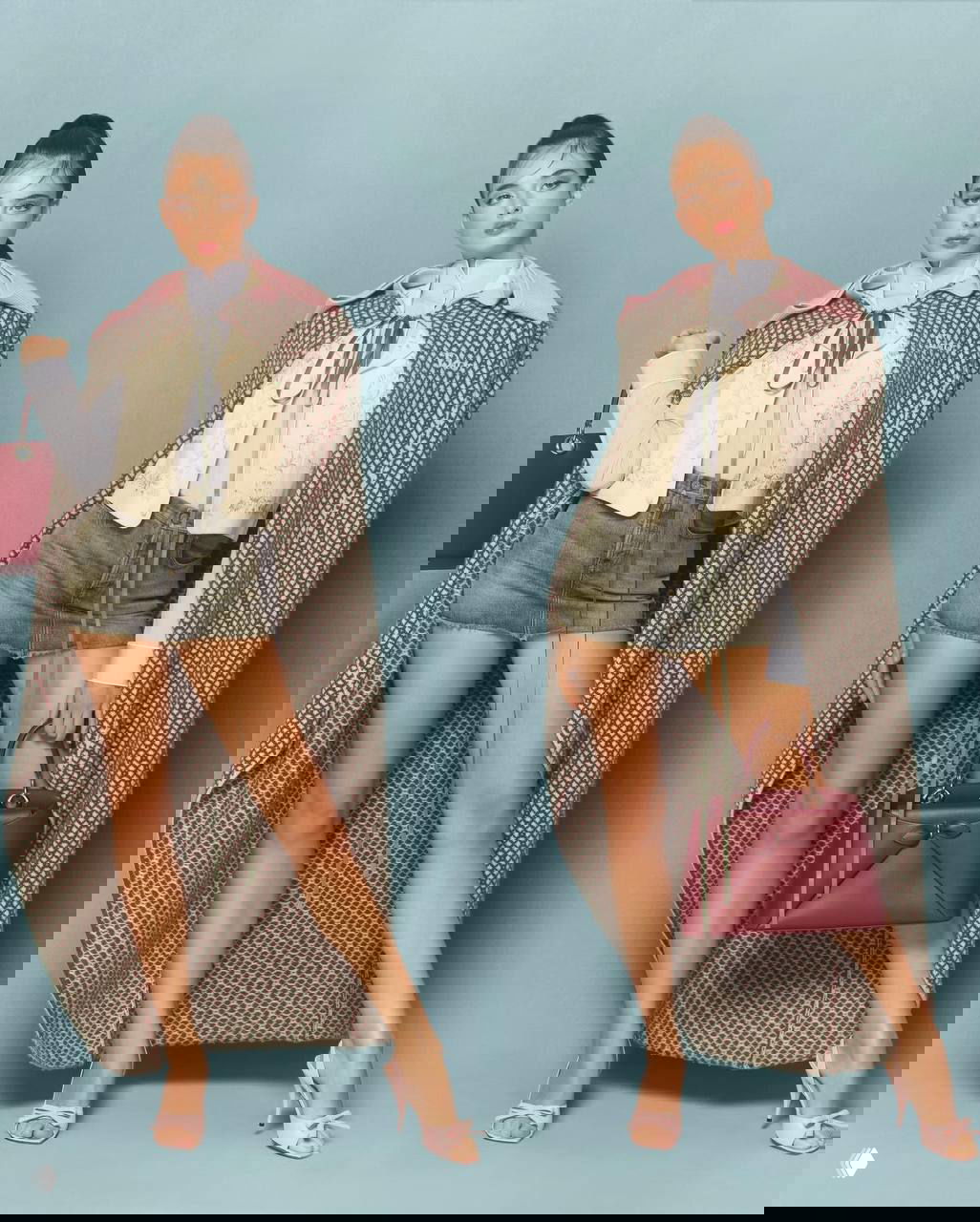 Дева Кассель в двух позах в образе Dior: мини-юбка, накидка и сумка в студийной съёмке для Harper's Bazaar Турция, март 2026